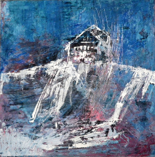 'Das Haus am Wasserfall', Mischtechnik, 40cm x 40cm, Preis auf Anfrage